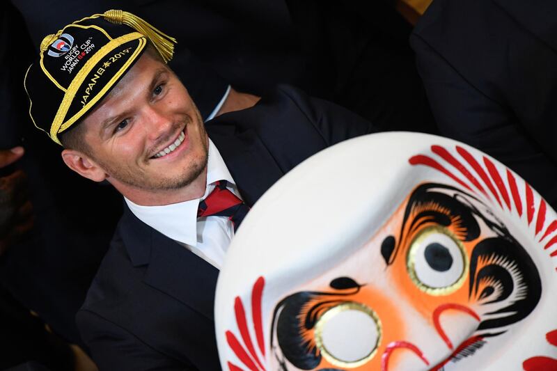 England's captain Owen Farrell poses during a welcome ceremony for the team at the Miyazaki Prefectural Government Hall in Miyazaki. AFP