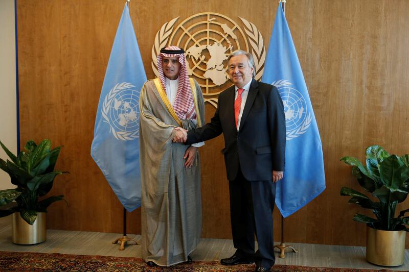 Saudi Arabia's Foreign Minister Adel bin Ahmed Al-Jubeir (L) is greeted by United Nations Secretary General Antonio Guterres at the U.N. Headquarters in New York City, U.S., September 17, 2017. REUTERS/Joe Penney