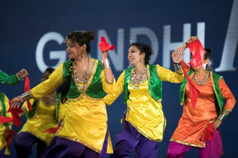 DUBAI, UNITED ARAB EMIRATES - JANUARY 11, 2019.
 
Indian cultural dances  performed ahead of Rahul Gandhi's speech today at Dubai International Cricket Stadium.

(Photo by Reem Mohammed/The National)

Reporter: Ramola Talwar.
Section:  NA