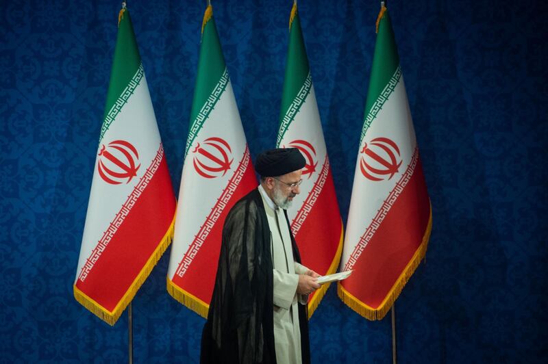 Ebrahim Raisi, Iran's president, holds his first news conference following his victory in the presidential election in Tehran, Iran, on Monday, June 21, 2021. World powers and Iran failed after a sixth round of negotiations in Vienna to revive a nuclear deal that would lift U.S. sanctions on the oil-rich Islamic Republic in exchange for it scaling back its atomic activities. Photographer: Ali Mohammadi/Bloomberg