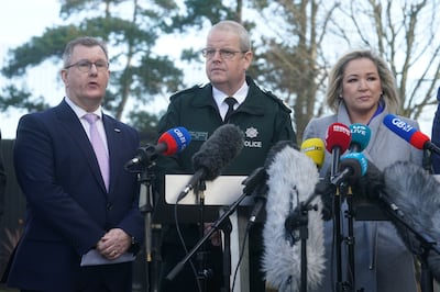 DUP leader Jeffrey Donaldson, Police Service of Northern Ireland Chief Constable Simon Byrne, and Sinn Fein deputy leader Michelle O'Neill in Belfast. PA Wires