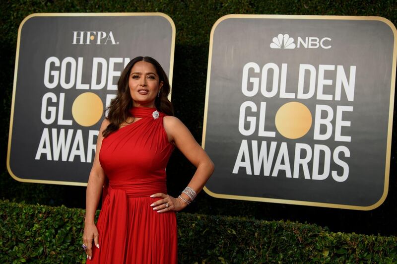 epa09043910 Handout image released by the Hollywood Foreign Press Association showing Salma Hayek arriving for the 78th annual Golden Globe Awards ceremony at the Beverly Hilton Hotel, in Beverly Hills, California, USA, 28 February 2021.  EPA-EFE/HFPA / HANDOUT EDITORIAL USE ONLY, NO SALES