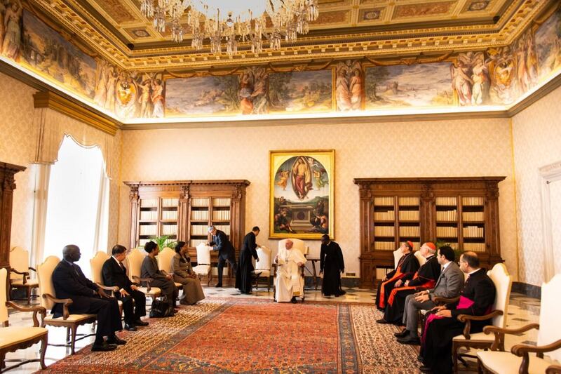 Pope Francis sits with the judges of the Zayed Award for Human Fraternity in Rome. Courtesy: Zayed Award for Human Fraternity 