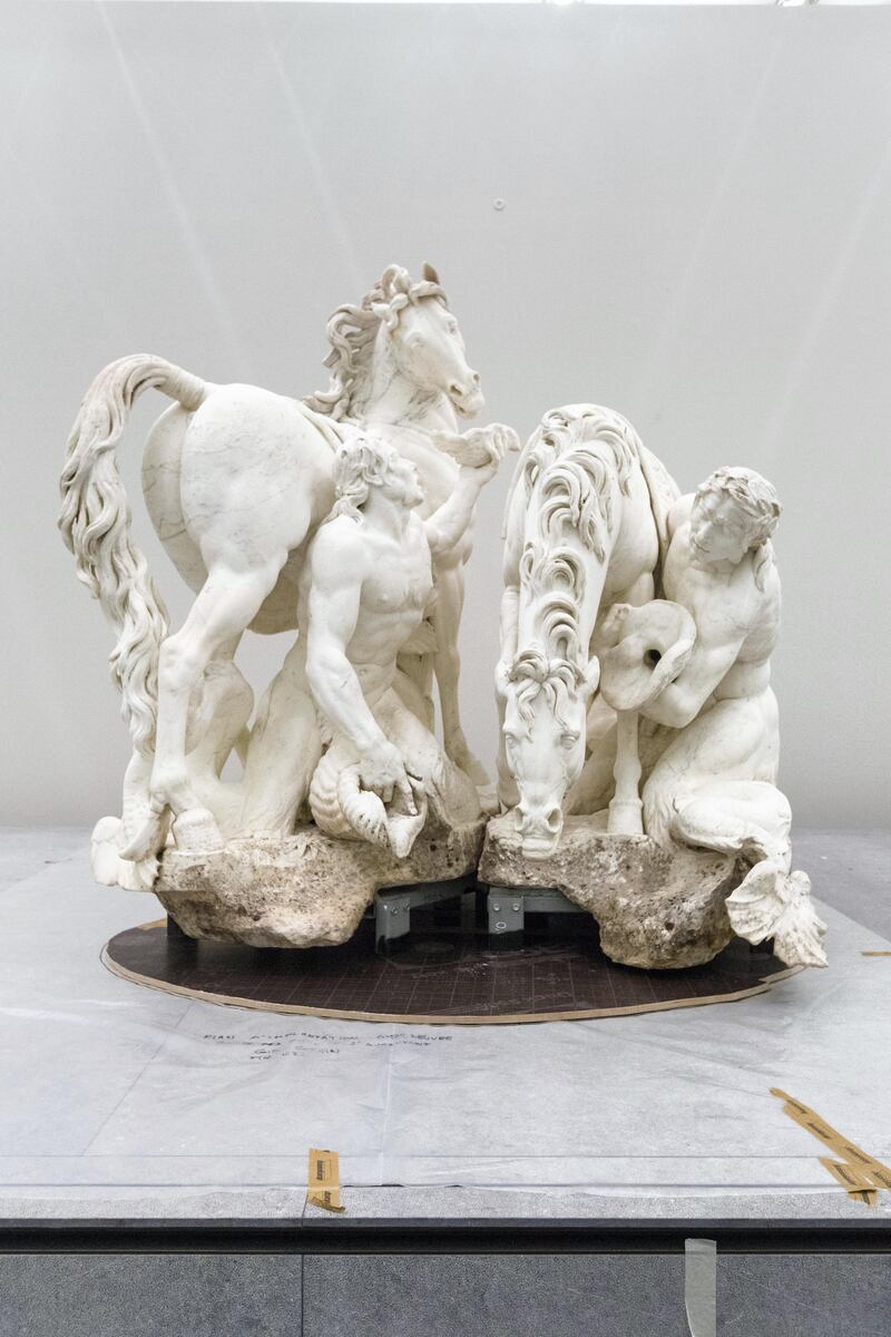 Abu Dhabi, United Arab Emirates, September 12, 2017:    Installation of the, Apollo's horses groomed by two tritons, Gilles Gu��rin, c.1670, statue at the Louvre Abu Dhabi on Saadiyat Island in Abu Dhabi on September 12, 2017. Christopher Pike / The National

Reporter: Nick Leech
Section: News