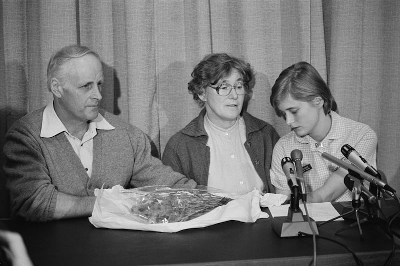 Yvonne Fletcher's parents, Tim and Queenie, with one of her sisters at a press conference the day after her death