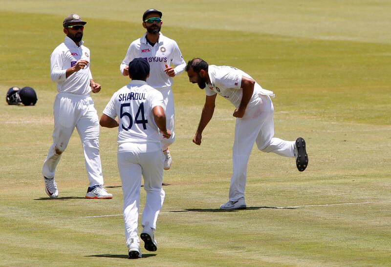 India's Mohammed Shami celebrates after taking the wicket of South Africa's Marco Jansen. Reuters