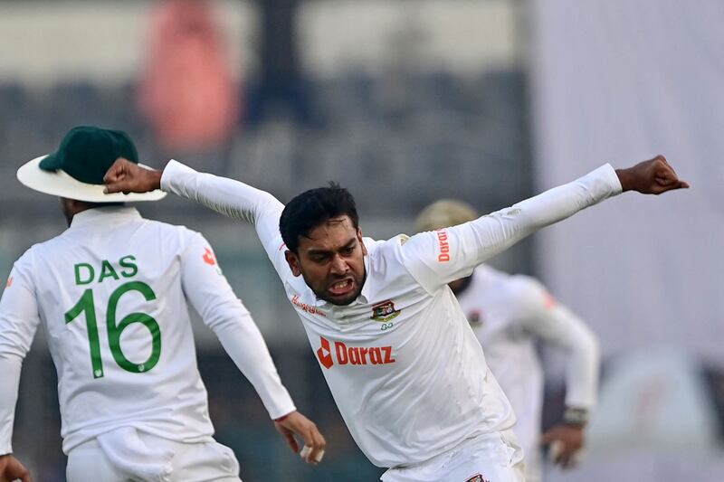 Bangladesh’s Mehidy Hasan Miraz celebrates after the dismissal of India’s Virat Kohli during the third day of the second Test at the Sher-e-Bangla Stadium on Saturday, December 24, 2022. AFP
