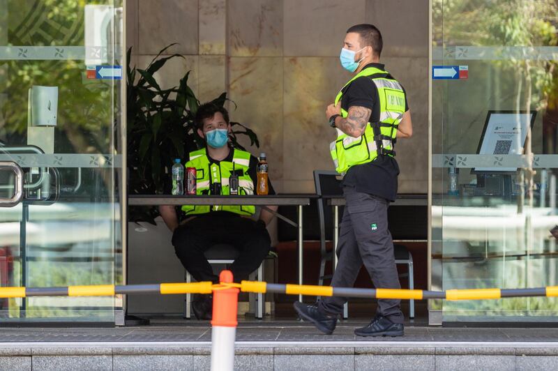 Security guards are seen at the Four Points Sheraton hotel in Perth, Australia. EPA