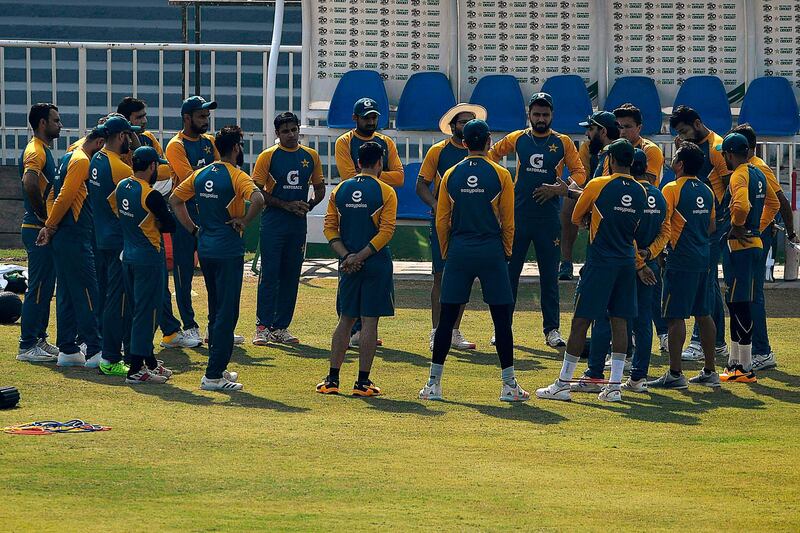 Pakistan's cricketers gather during a practice session at the Rawalpindi Cricket Stadium in Rawalpindi on October 27, 2020, ahead of their three-match one-day series.  / AFP / Aamir QURESHI
