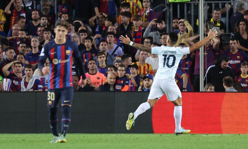 Lautaro Martinez celebrates scoring Inter Milan's second goal. Reuters