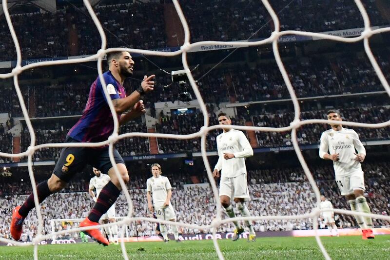 Barcelona's Uruguayan forward Luis Suarez celebrates his second goal. AFP