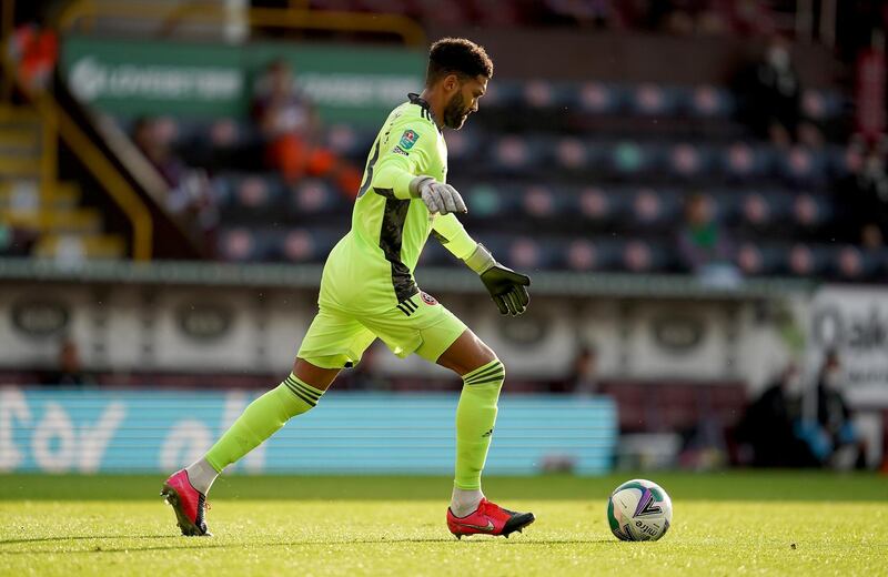 BURNLEY, ENGLAND - SEPTEMBER 17: Wes Foderingham of Sheffield United takes a goal kick during the Carabao Cup second round match between Burnley and Sheffield United at Turf Moor on September 17, 2020 in Burnley, England. (Photo by Jon Super - Pool/Getty Images)