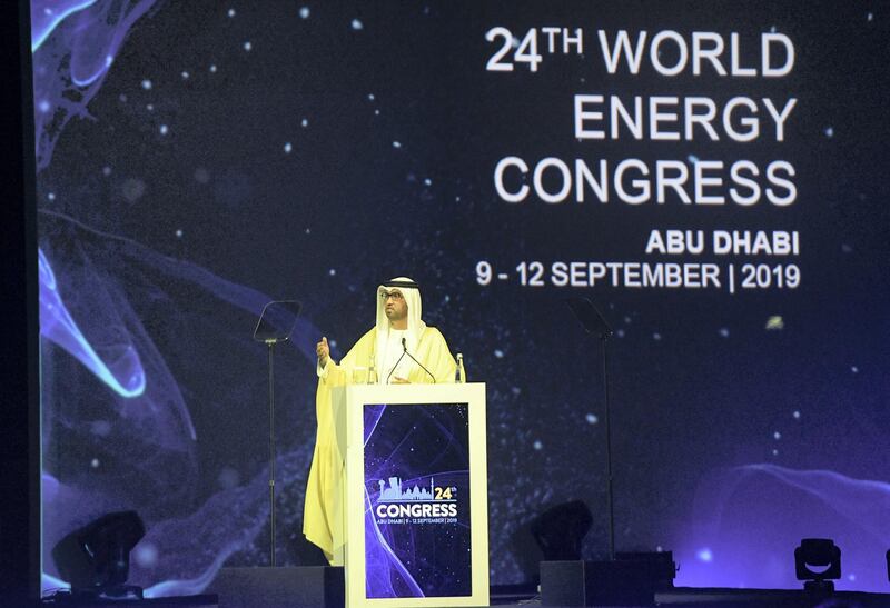 Abu Dhabi, United Arab Emirates - Dr. Sultan Al Jaber, keynote speaker - ICC Plenary on the first day of the 24th World Energy Congress at ADNEC. Khushnum Bhandari for The National
