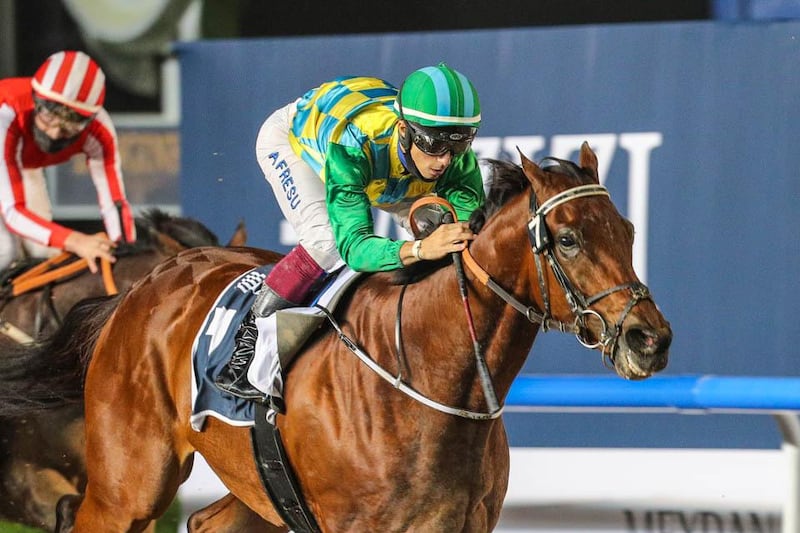 Antonio Fresu on Military Law comes home a convincing winner of the Group 2 Al Maktoum Challenge Round-1 in Dubai World Cup Carnival Week-1 at Meydan on Thursday, January 21, 2021. Courtesy Dubai racing Club