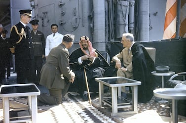 Aboard the USS Quincy in 1945, King Abdul Aziz Ibn Saud of Saudi Arabia with US President Franklin D Roosevelt. National Archives /Interim Archives/ Getty Images