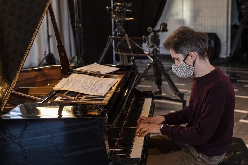 Pianist Severin von Eckardstein plays prior to a live video broadcast, Berlin, Germany, April 20. Maja Hitij / Getty