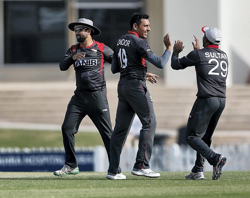 Dubai, March, 16, 2019:  UAE team players celebrates the dismissal during their match against USA in the T20 match at the ICC Academy in Dubai. Satish Kumar/ For the National / Story by Paul Radley