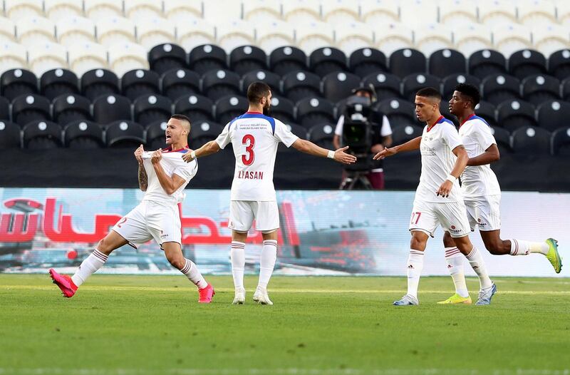 Abu Dhabi, United Arab Emirates - Reporter: John McAuley: Marcus Vinicius of Sharjah scores in the game between Sharjah and Al Ain in the PresidentÕs Cup semi-final. Tuesday, March 10th, 2020. Mohamed bin Zayed Stadium, Abu Dhabi. Chris Whiteoak / The National