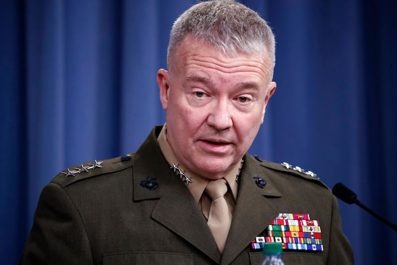 FILE - In this April1 14, 2018, file photo, then-Marine Lt. Gen. Kenneth "Frank" McKenzie speaks during a media availability at the Pentagon in Washington. McKenzie, the top commander of U.S. forces in the Mideast says Iran appears to have decided to "step back and recalculate" in response to a U.S. military buildup in the Persian Gulf area. (AP Photo/Alex Brandon, File)