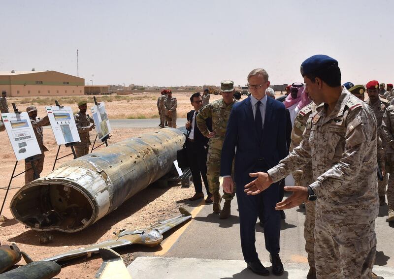 Brian Hook, the US special representative on Iran, checks what Saudi Arabian officials said were Iranian-made Huthi missiles and drones intercepted over the kingdom's territory and the remnants of a "cruise missile" that slammed into Abha airport. AFP