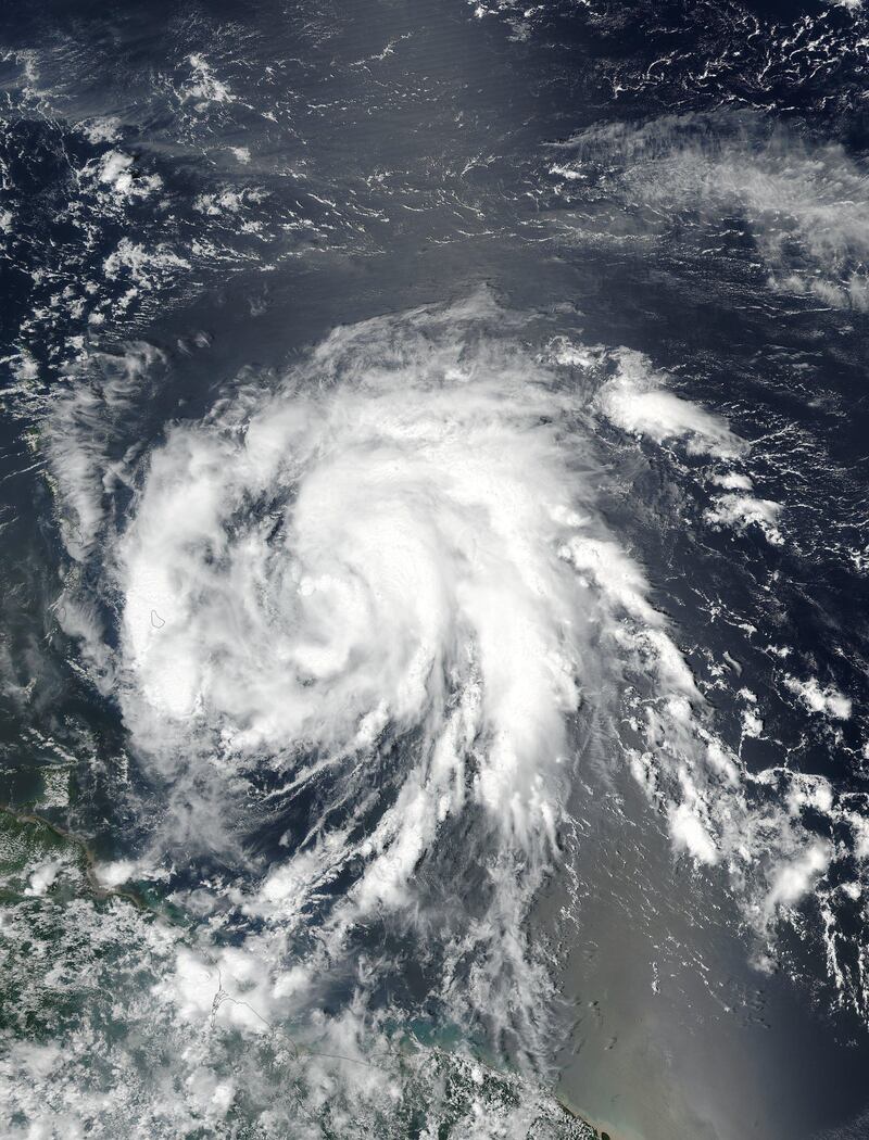 epa06211435 A handout photo made available by the National Aeronautics and Space Administration (NASA) on 18 September 2017 shows an image acquired by the Moderate Resolution Imaging Spectroradiometer (MODIS) on NASA's Suomi-NPP satellite of Hurricane Maria as it approaches the Leeward Islands in the Atlantic Ocean on 17 September 2017. Hurricane Maria is gaining strength and could directly hit Puerto Rico in the coming days. Several islands in the Caribbean, including Puerto Rico, are recovering from catestrophic damage caused by Hurricane Irma.  EPA/NASA / LANCE Rapid Response MODIS / HANDOUT  HANDOUT EDITORIAL USE ONLY/NO SALES