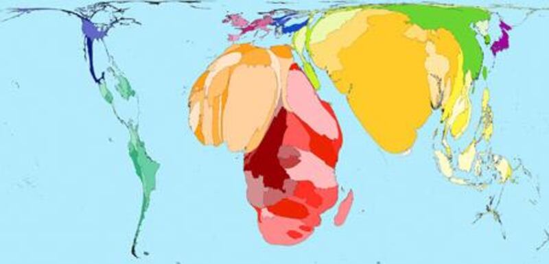 On this map, the territories are sized in proportion to the number of people in each country who died from diseases classified by the World Health Organization as "easily preventable".