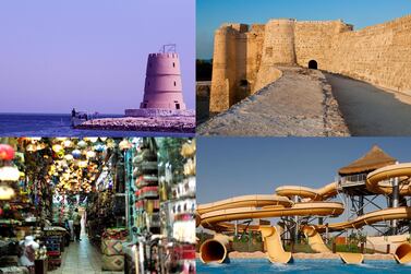 Clockwise from top left: Al Dar Islands, Bahrain Fort, The Lost Paradise of Dilmun Water Park and Bab Al Bahrain souq. Getty Images, Alamy, Reuters