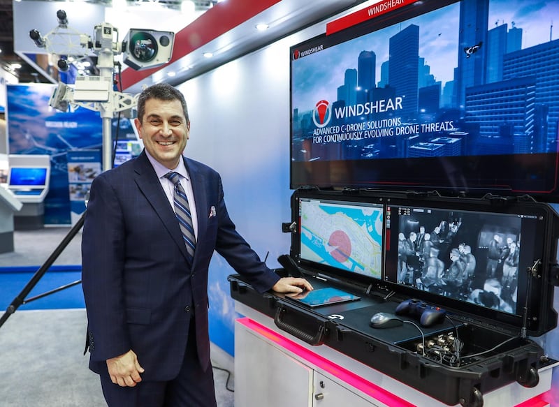 Abu Dhabi, United Arab Emirates, 2/18/19, International Defence Exhibition & Conference 2019 (IDEX) day 2. -- Todd Probert, Vice President, Raytheon, talks about the Windshear Counter Drone System/UAS.
Victor Besa / The National.
Section:  NA
Reporter:  Dan Sanderson