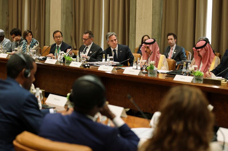 Mr Blinken and Prince Faisal at a meeting in Riyadh. Reuters