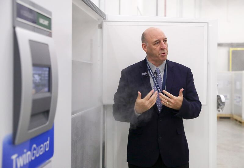 Robert Sutton, head of the Logistics Cluster at Abu Dhabi Ports, in the UAE's largest freezer centre, where temperatures are set for the various vaccines stored at the facility.