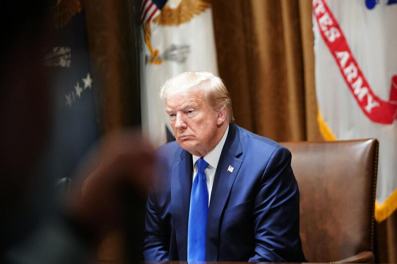 US President Donald Trump looks on during a meeting with military leaders and his national security team in the Cabinet Room of the White House in Washington, DC on May 9, 2020. / AFP / MANDEL NGAN
