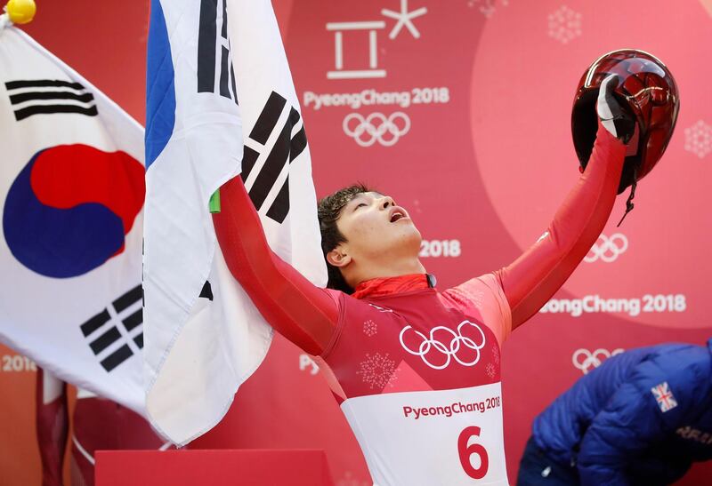 Skeleton – Pyeongchang 2018 Winter Olympics – Men’s Finals – Olympic Sliding Centre - Pyeongchang, South Korea – February 16, 2018 - Yun Sung-bin of South Korea celebrates. REUTERS/Arnd Wiegmann