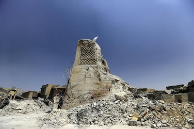 The destroyed al-Hadba minaret at the Grand al-Nuri Mosque is seen in the Old City of Mosul, Iraq July 20, 2017. Picture taken July 20, 2017. REUTERS/Thaier Al-Sudani - RC11FD465F60