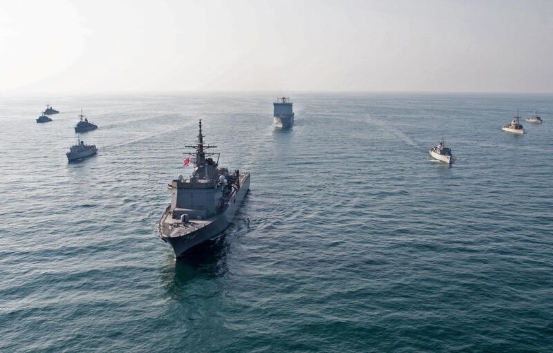 An aerial view of an International Maritime Exercise (IMX) 2019, at an unknown location in the Gulf.  The United States is training Gulf allies to "protect navigation" in the region's troubled waterways, as it seeks to build an alliance to contain Iran. AFP