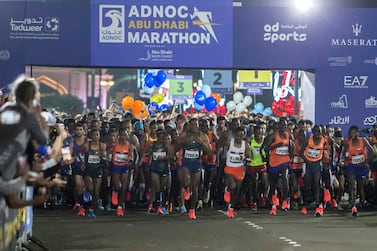 ABU DHABI, UNITED ARAB EMIRATES- Participants at the start of the race at the ADNOC ABU Abu Dhabi Marathon. Leslie Pableo for The National