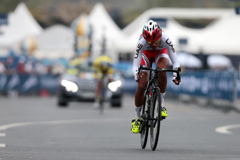 Yousif Mirza of UAE cycles during the first stage individual time trial of the Dubai Tour cycling race at the World Trade Center in Dubai on Wednesday. Christopher Pike / The National