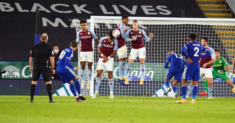 James Maddison of Leicester takes a free kick. EPA