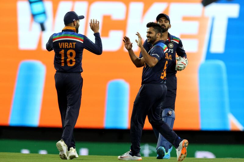 India's Shardul Thakur celebrates his wicket of Australia's Glenn Maxwell . AFP