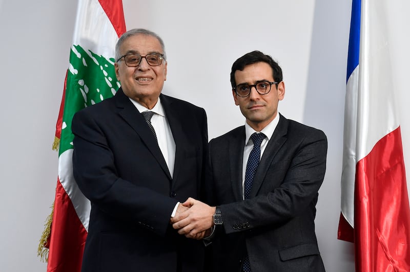 Lebanese caretaker Foreign Minister Abdallah Bou Habib (L) welcomes French Foreign Minister Stephane Sejourne (R) in Beirut last week. EPA