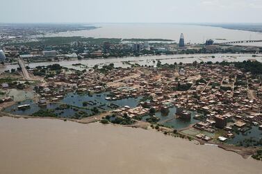 Buildings and roads submerged by floodwater near the Nile River on September 8 in south Khartoum, Sudan. Reuters