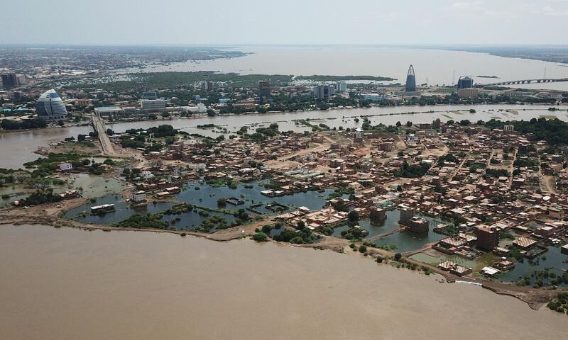 An aerial view shows buildings and roads submerged by floodwaters near the Nile River in South Khartoum, Sudan September 8, 2020. Picture taken September 8,2020 with a drone. REUTERS/El Tayeb Siddig