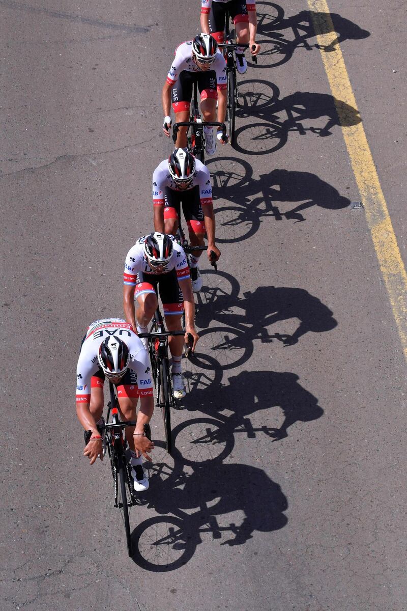 UAE Team Emirates riders during Stage 3 of the UAE Tour, on Tuesday, February 25. AFP