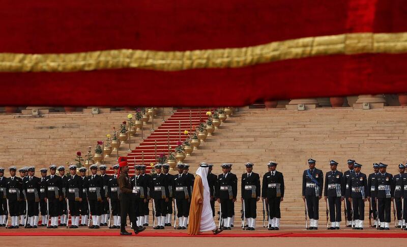 Sheikh Mohammed bin Zayed, Crown Prince of Abu Dhabi and Deputy Supreme Commander of the Armed Forces, inspects a guard of honour during his ceremonial reception at the forecourt of India’s Rashtrapati Bhavan presidential palace in New Delhi, India. Adnan Abidi / Reuters