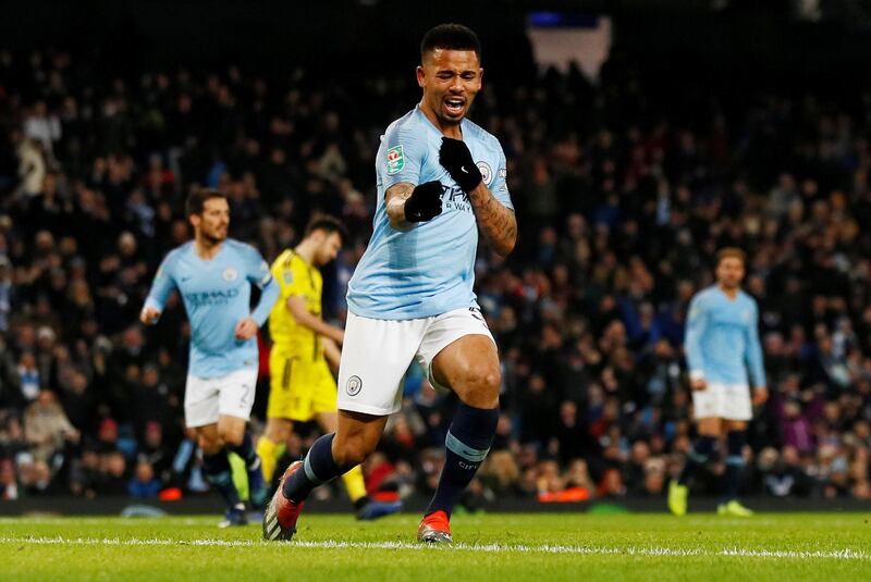 Soccer Football - Carabao Cup Semi Final First Leg - Manchester City v Burton Albion - Etihad Stadium, Manchester, Britain - January 9, 2019  Manchester City's Gabriel Jesus celebrates scoring their fifth goal to complete his hat-trick           Action Images via Reuters/Jason Cairnduff  EDITORIAL USE ONLY. No use with unauthorized audio, video, data, fixture lists, club/league logos or "live" services. Online in-match use limited to 75 images, no video emulation. No use in betting, games or single club/league/player publications.  Please contact your account representative for further details.     TPX IMAGES OF THE DAY