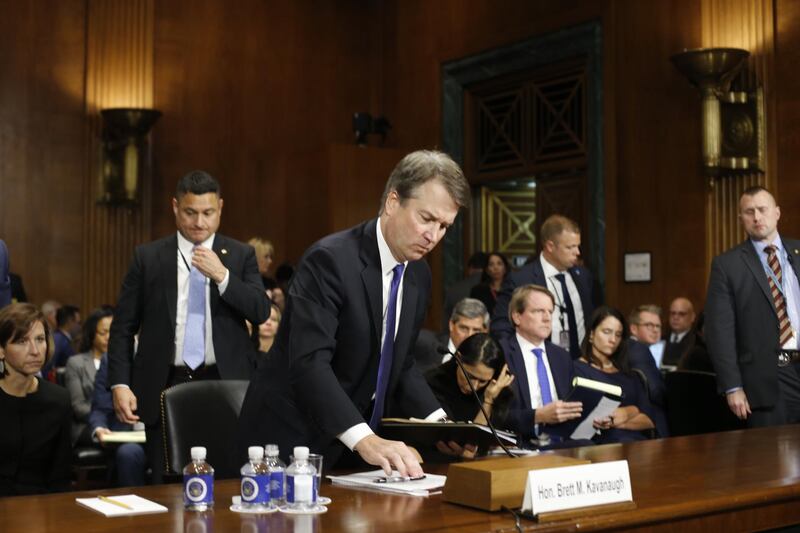 epa07052604  Brett Kavanaugh leaves at the Senate Judiciary Committee hearing on the nomination of Brett Kavanaugh to be an associate justice of the Supreme Court of the United States, on Capitol Hill in Washington, DC, USA, 27 September 2018. US President Donald J. Trump's nominee to be a US Supreme Court associate justice Brett Kavanaugh is in a tumultuous confirmation process as multiple women have accused Kavanaugh of sexual misconduct.  EPA/MICHAEL REYNOLDS