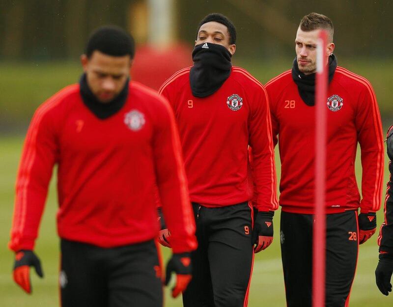 Manchester United’s Anthony Martial and Morgan Schneiderlin during training. Action Images via Reuters / Jason Cairnduff