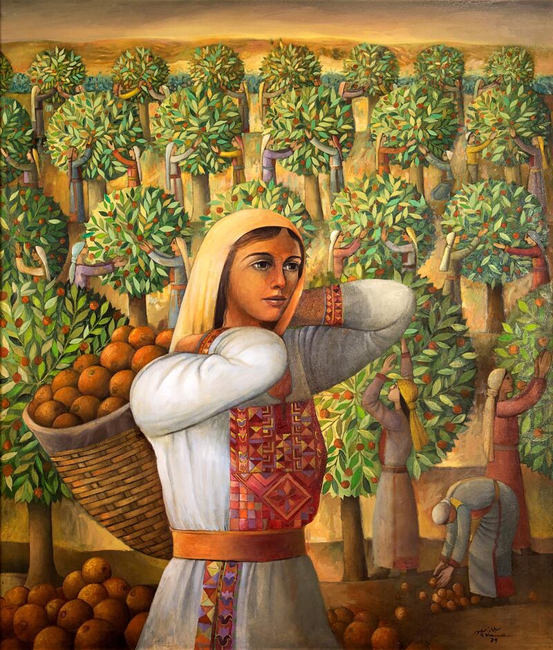 ‘Yaffa’, 1979, by Sliman Mansour shows bountiful trees, typical of Palestinian paintings in the 1970s. The woman in embroidery represents the motherland. Courtesy Sliman Mansour and Yvette and Mazen Qupty Collection
