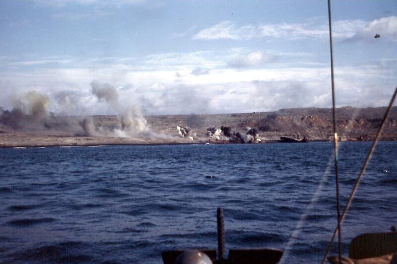 Explosions rock the Iwo Jima shore during the pre-landing bombardment on February 19, 1945. Reuters