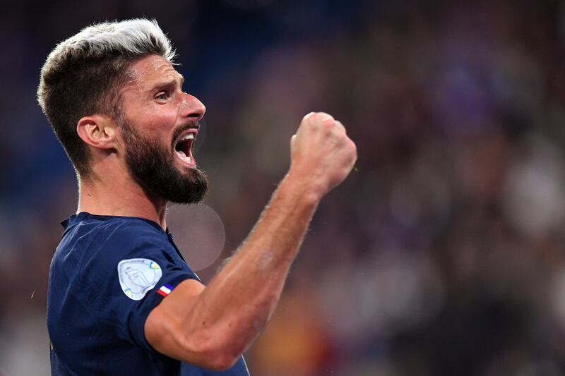 France striker Olivier Giroud celebrates after scoring in the 2-0 Uefa Nations League League A Group 1 win against Austria on September 22, 2022 in Paris, France. Getty Images