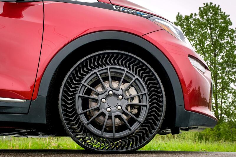 The Michelin Uptis Prototype is tested on a Chevrolet Bolt EV Wednesday, May 29, 2019 at the General Motors Milford Proving Ground in Milford, Michigan. GM intends to develop this airless wheel assembly with Michelin and aims to introduce it on passenger vehicles as early as 2024. (Photo by Steve Fecht for General Motors)